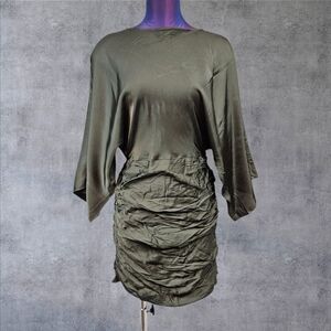 Anthropologie Olive Green Satin Ruched Flare Sleeve Mini Dress Size XS NWT H61